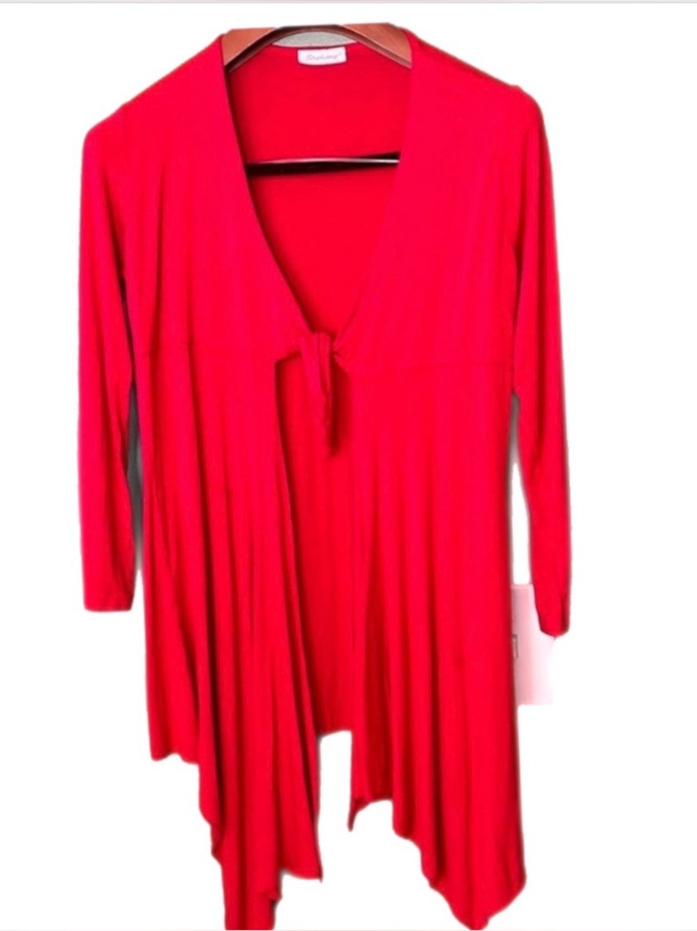 Stephanie red handkerchief hem knot front long sleeves light summer sweater